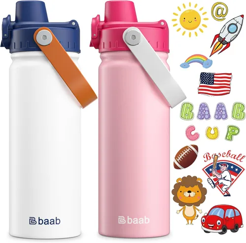 Miniatura 18 de baab Botella de Agua para Niños de 18 oz, Botella de Agua Aislada para Niños con Tapa de Boquilla Bloqueable y Calcomanías, Taza de Agua para Niños