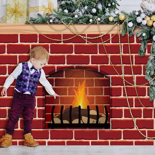 Miniatura 4 de Zhanmai Accesorios para chimenea de Navidad 3D de ladrillo sintético rojo artificial, telón de fondo de chimenea, 35.4 x 26.6 x 5.5 pulgadas