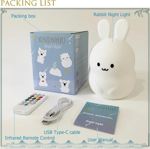 Miniatura 7 de Luces nocturnas de conejo de gran tamaño, lámpara de noche para dormitorio, resistente a la rotura, cuidado de los ojos, brillo ajustable, ajuste