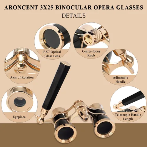 Miniatura 2 de Aroncent Anteojos de Ópera Prismáticos 3X25 Compactos con Asa Ajustable para Teatro, Prismáticos Mini para Adultos Hombres Mujeres en Ópera Negro