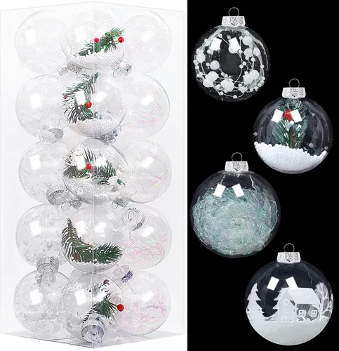 Lulu Home 20 unidades de 3.15" Adornos de bolas de Navidad transparentes, bolas transparentes preencordadas con decoraciones únicas en el interior,