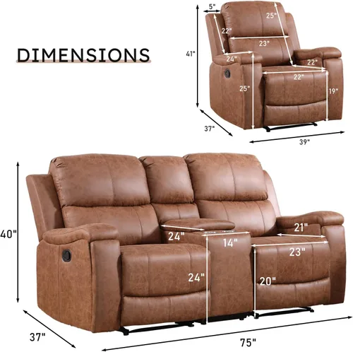 Miniatura 2 de CANMOV Juego de sofá reclinable manual de piel sintética, 2 sillas reclinables manuales individuales y sofá biplaza reclinable de 2 asientos