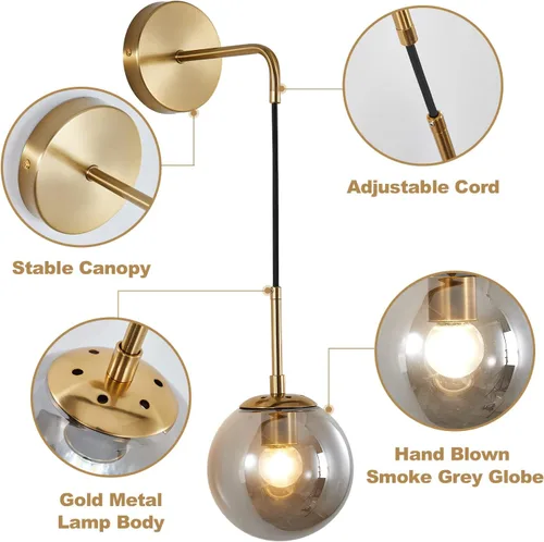 Miniatura 3 de KCO Lighting - Lámpara de pared moderna con globo dorado de mediados de siglo con cable de enchufe, aplique de pared minimalista con bola de vidrio