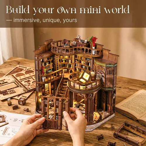 Miniatura 7 de Kit de rincón de libros, rompecabezas de madera 3D en miniatura, sujetalibros con luz LED, decoración de estantería de flor de cerezo para libros