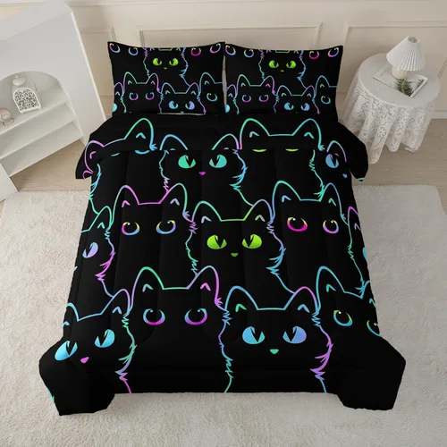 BailiPromise Juego de edredón de 3 piezas con diseño de animales Kawaii negros para niños, tamaño individual, lindo juego de ropa de cama de dibujos