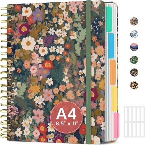 Cuadernos grandes con forro en espiral para el trabajo con divisores y pestañas extraíbles, 8.5 x 11 pulgadas, bonito cuaderno de tapa dura de 5