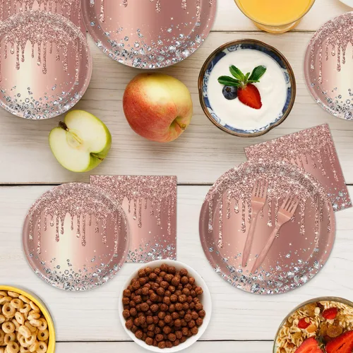 Miniatura 7 de Juego de platos y servilletas de fiesta de oro rosa, decoraciones de cumpleaños rosas, suministros temáticos de diamantes, sirve para 24 invitados