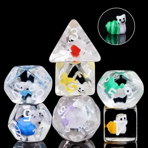 Miniatura 2 de Cusdie Dados DND de 7 troqueles, juego de dados poliédricos rellenos de animales, para juegos de rol, dados D&D (caracol colorido)