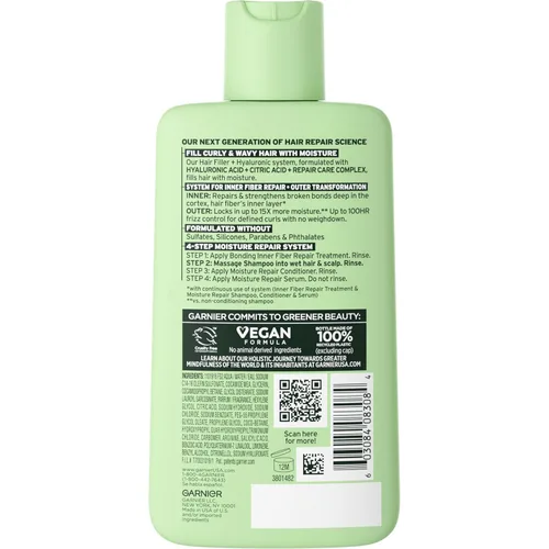 Miniatura 2 de Garnier Fructis Hair Filler Champú reparador de humedad, champú sin sulfato para cabello rizado y ondulado con ácido hialurónico, 10.1 onzas