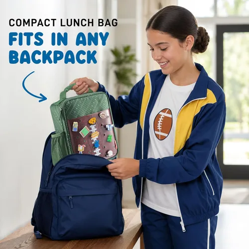 Miniatura 7 de Fit & Fresh Lonchera personalizable con dije para niños y niñas, lonchera infantil de fútbol con 6 dijes deportivos, bolsa de almuerzo reutilizable