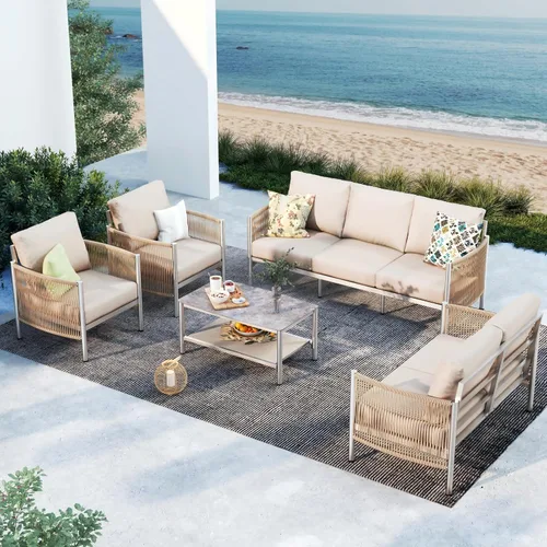 Miniatura 26 de Juego de muebles de aluminio para patio al aire libre con mesa de centro de doble capa, juegos de conversación de patio modernos de 4 piezas