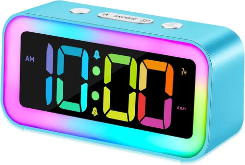 Miniatura 10 de Cadmos Reloj despertador fuerte para dormitorios con luz nocturna RGB dinámica, para adultos que duermen profundamente, doble alarma, atenuador