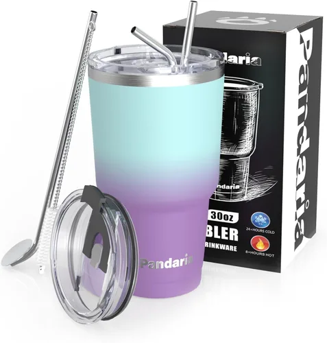 Miniatura 9 de Vaso de viaje para café de 30 onzas, vaso de acero inoxidable de doble pared, reutilizable, a prueba de derrames, con popote, vaso aislado a prueba