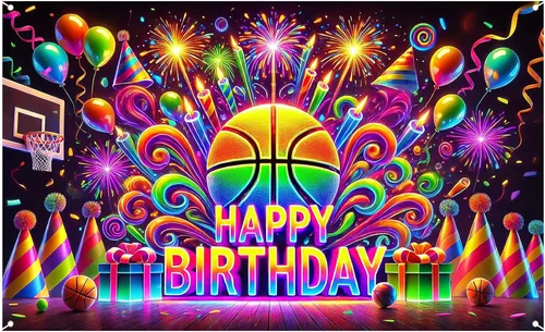 Nuxovilar Cartel de baloncesto de neón de feliz cumpleaños, telón de fondo para fiesta deportiva, 71 x 43 pulgadas, letrero brillante para niños,