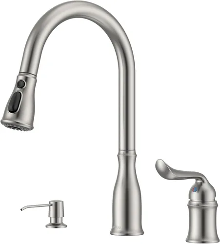 APPASO Llave de cocina de níquel cepillado con rociador extraíble de acero inoxidable, llave de fregadero de cocina de 3 agujeros extraíble, llave