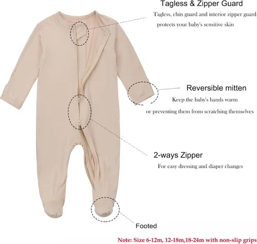 Miniatura 3 de Aablexema Pijama con cremallera para bebé, rayón de bambú, 3 piezas, unisex, con manopla, manga larga, pies