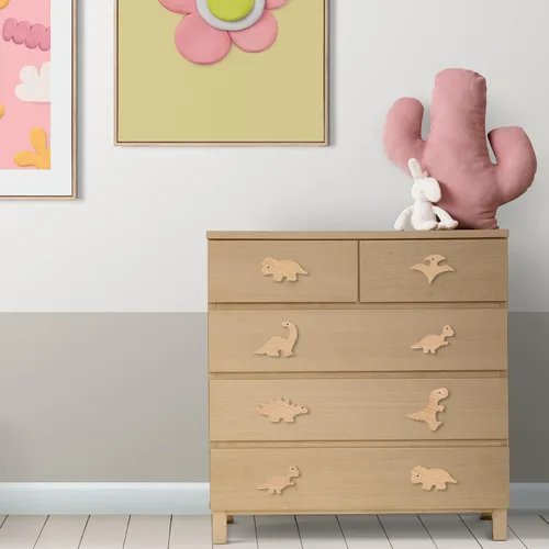 Miniatura 7 de Whaline 6 pomos de madera de dinosaurio con tornillos decorativos con temática de dinosaurio, pomos de tocador de madera natural, pomo de muebles