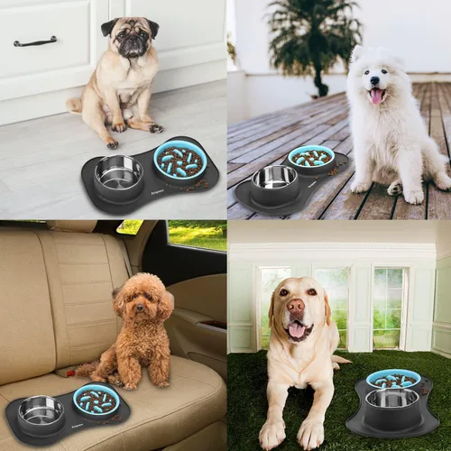 Miniatura 7 de Anipaw Cuencos de alimentación lenta para perros 3 en 1 de acero inoxidable para alimentos y agua con alfombrilla de silicona antideslizante