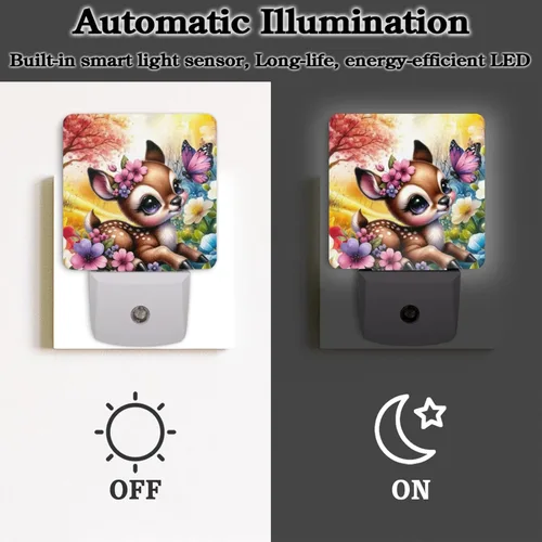 Miniatura 3 de Juego de 2 luces LED de noche con enchufe de flores y ciervos de animales, lámpara de luz nocturna con sensor automático del atardecer al amanecer