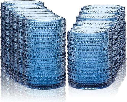 Vasos altos vintage azules con reborde y pajitas, juego de 12 vasos de vidrio para cócteles, whisky, cerveza y jugo (15 onzas y 12 onzas)
