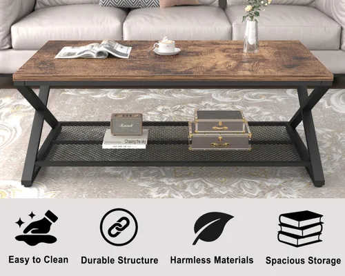 Miniatura 4 de LVB Mesa de café negra, mesas centrales de 2 niveles de metal y madera con estante de almacenamiento, mesa de té moderna rectangular para el cóctel