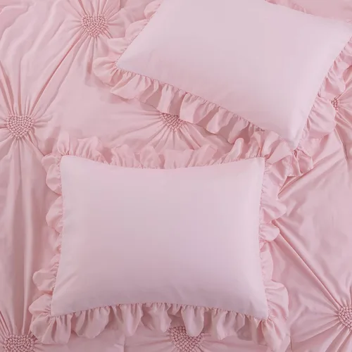 Miniatura 4 de HOMBYS - Juego de 5 piezas de ropa de cama rosa para niñas con sábanas y fundas a juego, juego de edredón individual de color rosa suave