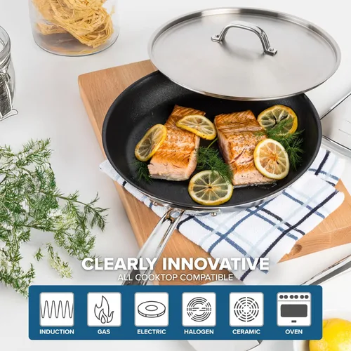 Miniatura 5 de Viking Sartén antiadherente de 5 capas, utensilios de cocina de acero inoxidable de 12 pulgadas con tapa, color plateado