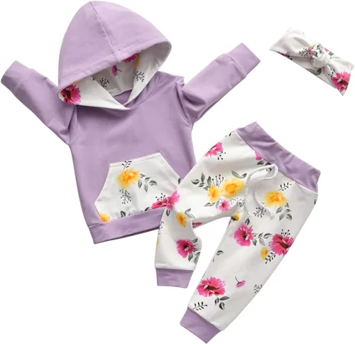 Eghunooy Conjunto de sudadera con capucha floral de manga larga para bebé niña con bolsillo y diadema