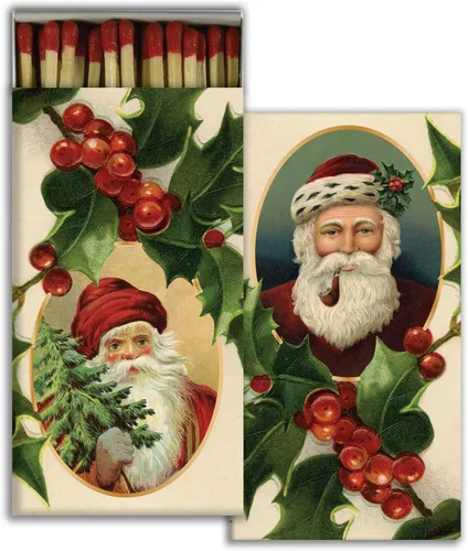 Caja de cerillas decorativa de Papá Noel y acebo con fósforos de madera, ideal para encender velas, chimeneas, parrillas y más | Una caja