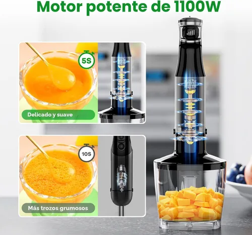Miniatura 2 de Batidora de inmersión de mano con cable turelar, juego de licuadoras de mano de 1100W, disparador de velocidad variable 5 en 1 con palillo Negro