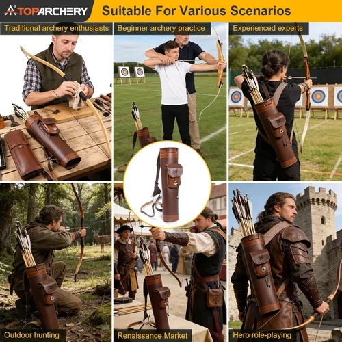 Miniatura 3 de TOPARCHERY - Aljaba Tradicional para Hombro y Espalda de Cuero con Bolso Grande, Correas Hechas a Mano, Marrón