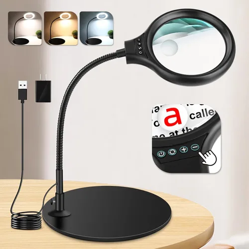 NZQXJXZ Lupa de escritorio de 10 x 20 veces con luz y soporte, lámpara de aumento con 3 modos de color, luz iluminada para manualidades manos