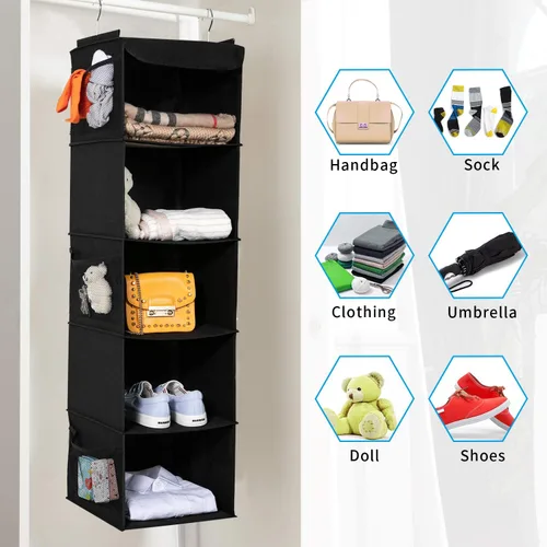 Miniatura 6 de BrilliantJo Paquete de 2 organizadores colgantes para armario, 5 estantes con 6 bolsillos laterales para ropa y zapatos, 43 x 12 x 12 pulgadas 5