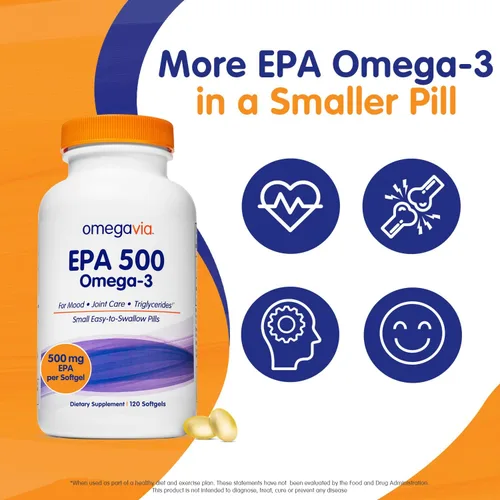 Miniatura 2 de OmegaVia Aceite de pescado EPA 500 Omega-3, 120 cápsulas, 500 mg de EPA/píldora, fórmula EPA de alta pureza (forma de triglicérido), certificado