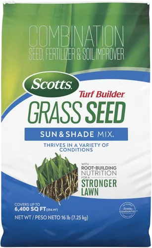 Scotts – Mezcla de semillas de césped Turf Builder Sun & Shade con fertilizante y mejorador de suelo, prospera en diversas condiciones, 16 libras