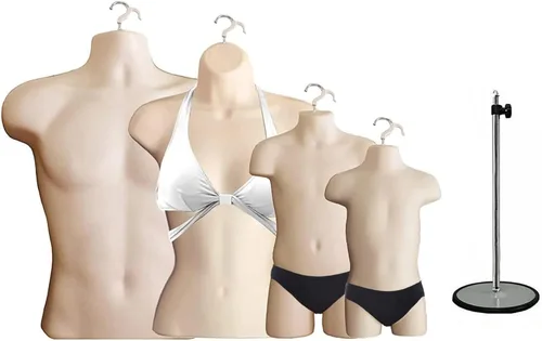 Miniatura 16 de 4 formas de maniquí negro con soportes de metal - Juego de maniquíes colgantes de torso largo para hombre, mujer, niño y bebé con cadera