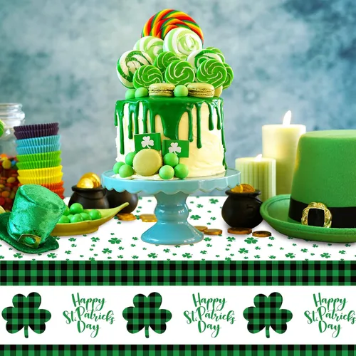 Miniatura 4 de Whaline 3 manteles desechables para el día de San Patricio, color verde y negro, a cuadros, trébol, trébol, rectangular, de plástico, mantel