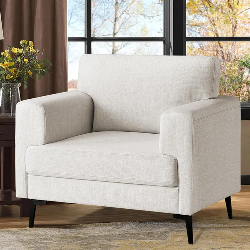 Miniatura 9 de Silla decorativa de gran tamaño, sillas tapizadas para sala de estar, sofá individual con patas de metal, cómoda silla de lectura de tela de lino
