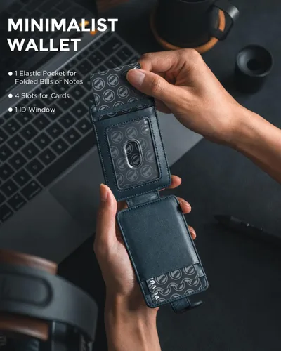 Miniatura 2 de VULKIT Tarjetero de cuero con bolsillo elástico Rfid bloqueo delgado bolsillo frontal cartera con ventana de identificación, Azul, Minimalista