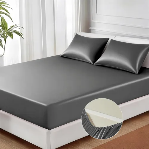 Miniatura 10 de MR&HM Sábana bajera de satén tamaño individual, sábana inferior sedosa con correas elásticas en las esquinas, bolsillo profundo de hasta 15