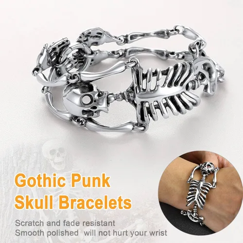 Miniatura 49 de U7 Pulseras góticas de calavera para hombres y mujeres, acero inoxidable, chapado en oro de 18 quilates, plata, negro, punk, esqueleto punk