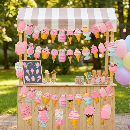 Miniatura 3 de Outus 2 pancartas de helado de 118 pulgadas, guirnalda de decoración de fiesta de helado para cumpleaños, baby shower, cumpleaños de niñas, mesa