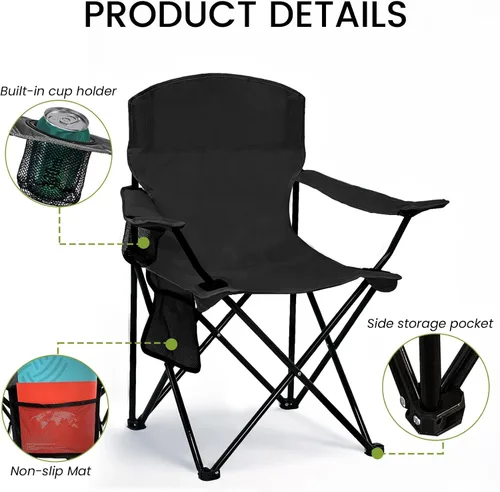 Miniatura 4 de Silla plegable para acampar con portavasos y bolsa de almacenamiento lateral, capacidad de 300 libras, ligera, respaldo alto, portátil para playa