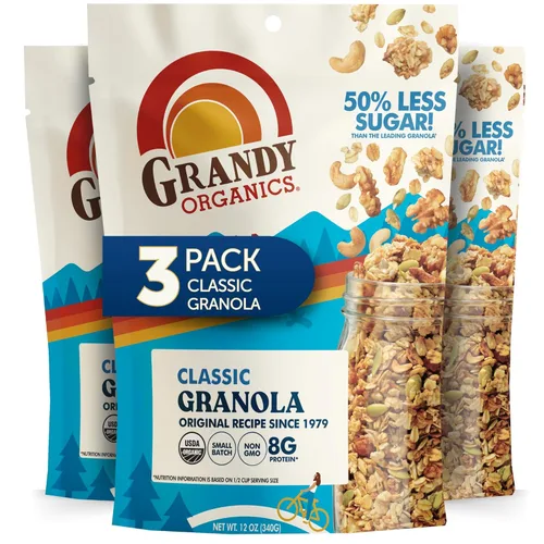 Grandy Organics Granola clásica, cereal de granola orgánico certificado, bajo en azúcar, hecho con avena, semillas de calabaza, nueces y anacardos,