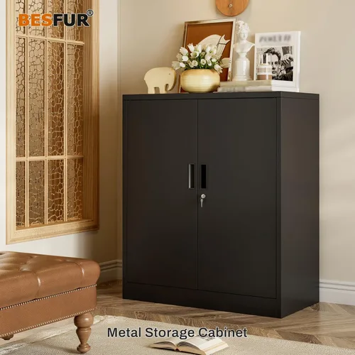 Miniatura 4 de BESFUR Armario de almacenamiento de metal de 36 pulgadas de alto, gabinete de metal negro con 2 puertas con cerradura y 2 estantes ajustables