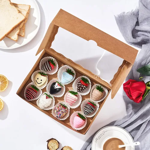 Miniatura 2 de Cajas de cartón de alta calidad de 10 x 7 x 2.5 pulgadas con ventana transparente para galletas, fresas paquete con 25 unidades. Kraft marrón
