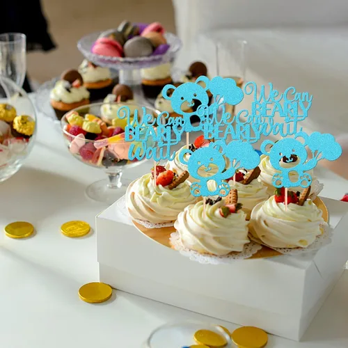 Miniatura 3 de 24 PIEZAS Oso de Peluche con Texto "We Can Bearly Wait" Adornos de Cupcake con Purpurina, Globo Oso para Revelación de Género, Adornos de Baby