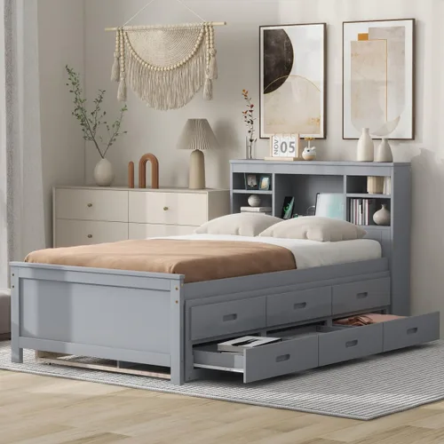 Cama de plataforma de tamaño individual con cabecera de almacenamiento, cama nido individual y estación de carga, cama capitanes de madera de pino