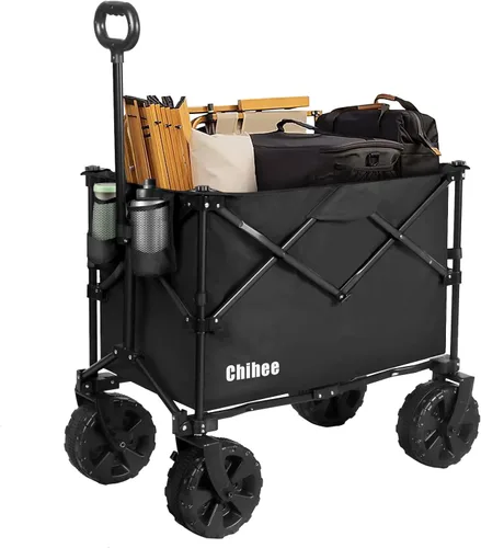 Chihee Carro plegable de playa, carrito de jardín resistente con 2 portavasos, carrito de campamento para ruedas todo terreno con sistema de
