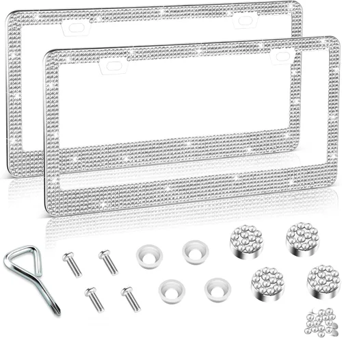 Miniatura 25 de Amiss Marco de matrícula brillante para mujer, 1 paquete de diamantes de imitación hecho a mano de cristal de acero inoxidable de alta calidad, Negro